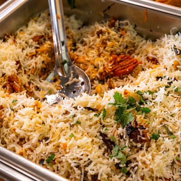 A large metal buffet tray filled with aromatic biryani rice and a serving spoon.