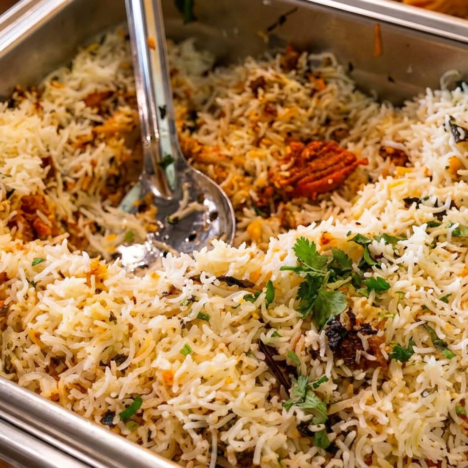 A large metal buffet tray filled with aromatic biryani rice and a serving spoon.