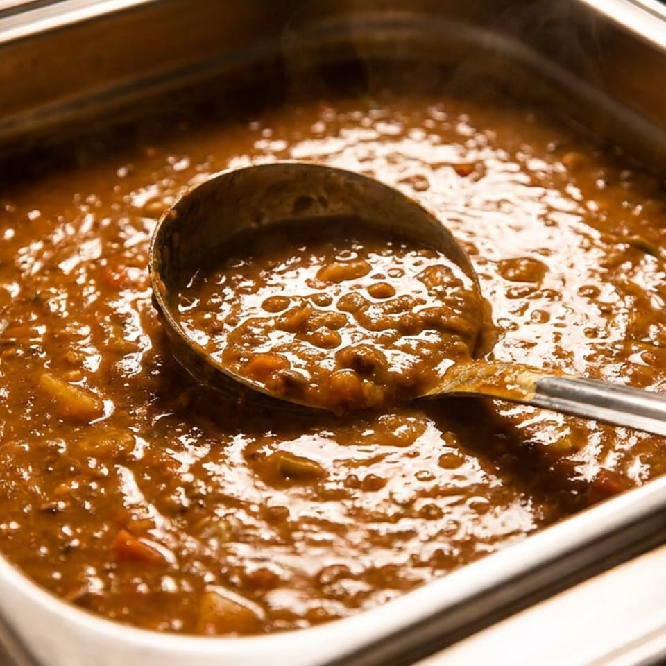 Thick brown lentil stew in a metal buffet pan with a ladle, steaming hot.